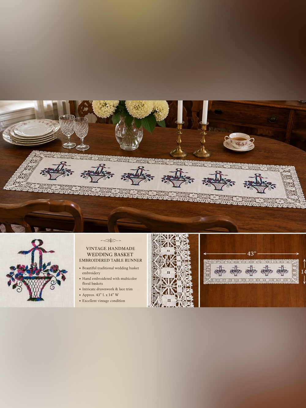 Vintage Handmade Wedding Basket Embroidered Lace Table Runner 43x14 Linen